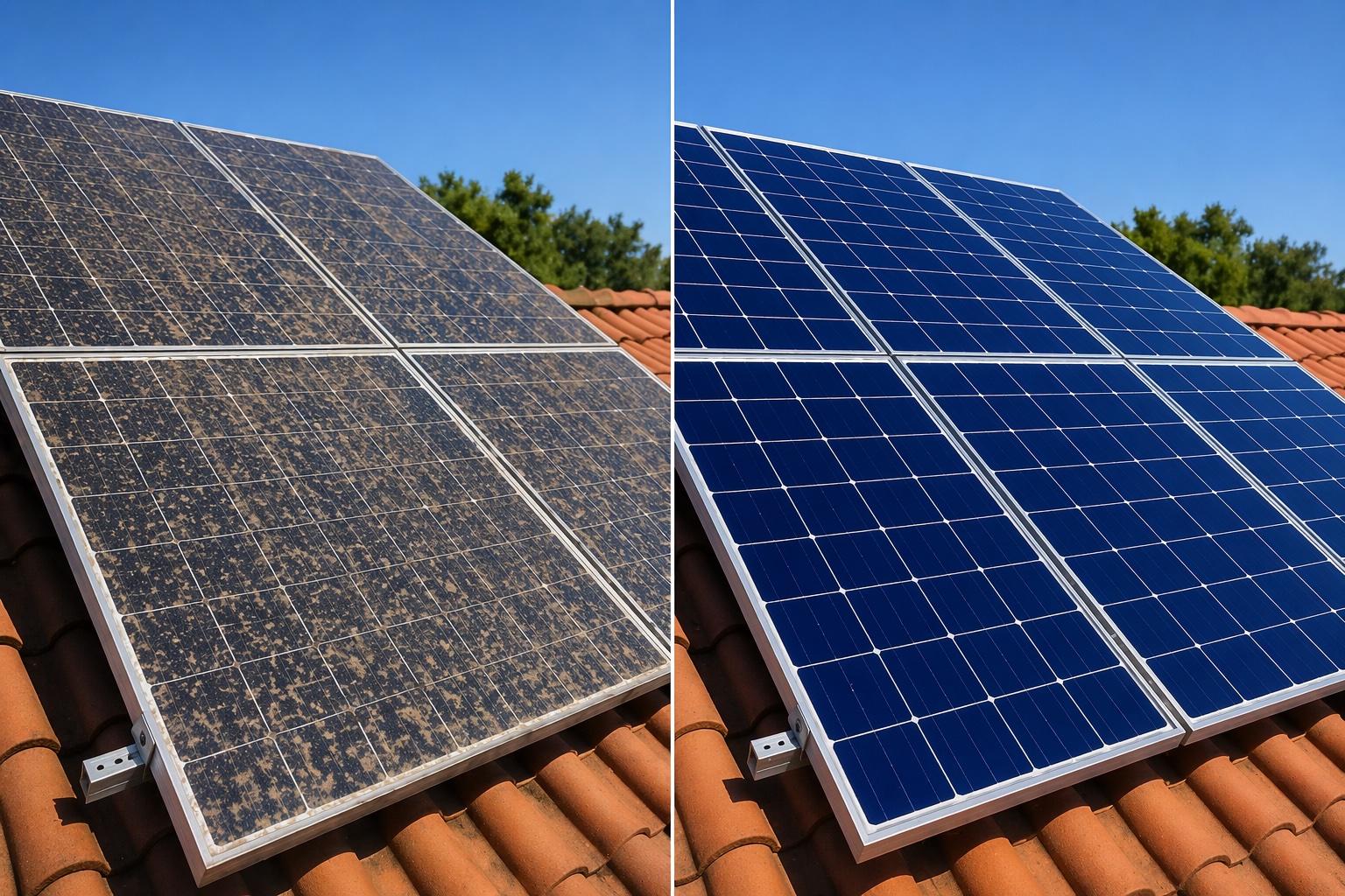 Water-fed brush cleaning heavily soiled solar panels on a post-construction site