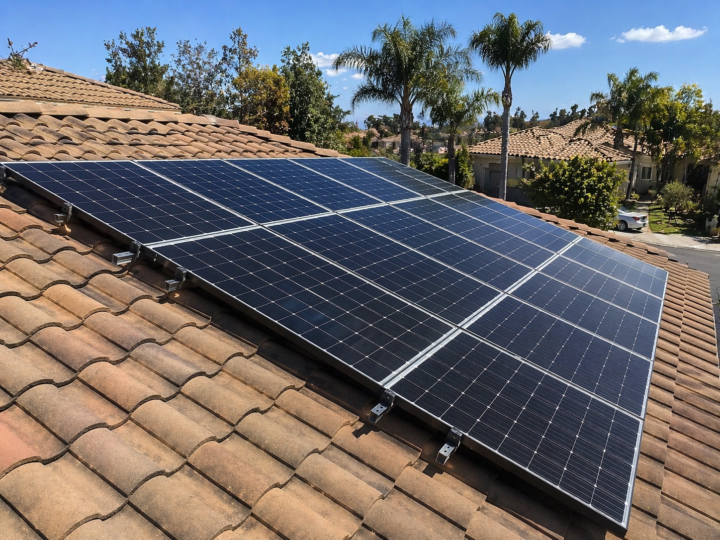 Clean solar panels on tile roof in Mission Viejo, Orange County — residential system after professional cleaning by Bright Mountains Solar Cleaning