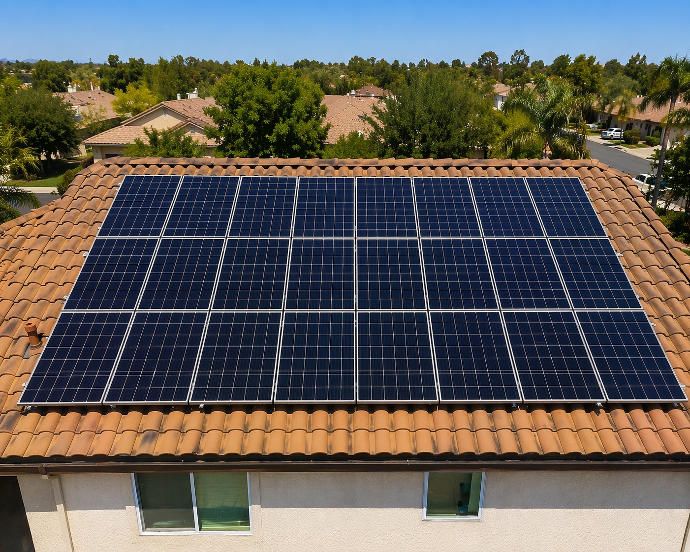 Clean solar panels on residential rooftop in Rancho Santa Margarita, Orange County — 28-panel array after professional cleaning by Bright Mountains Solar Cleaning